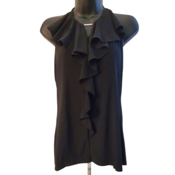 White House Black Market Black Sleeveless Front Ruffle Tie Halter Top Size M - Picture 1 of 6